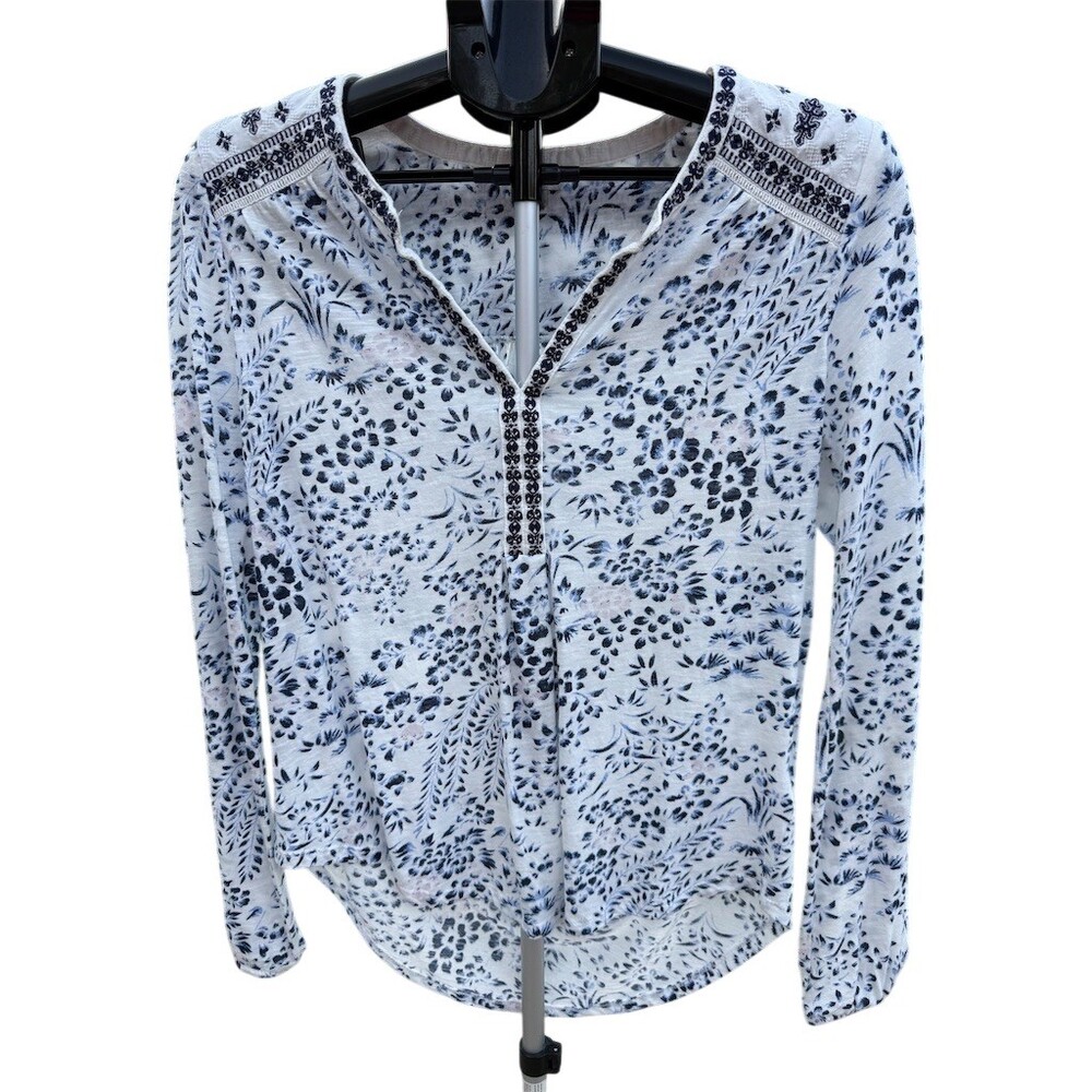 Lucky Brand Tunic Top Womens Size S Ivory Floral Long Sleeve Notch V-Neck